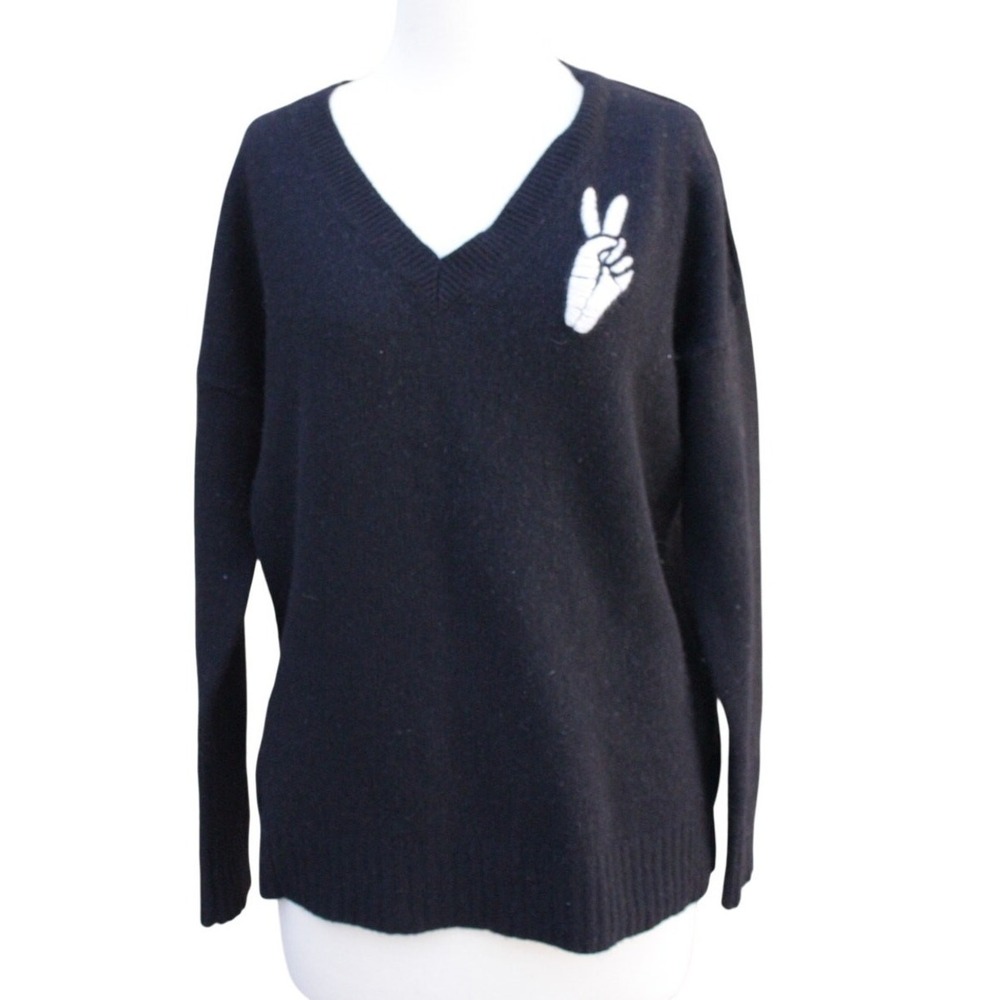 Skull Cashmere Wool Cashmere Peace Sign Sweater Womens Medium Black‎ V-Neck